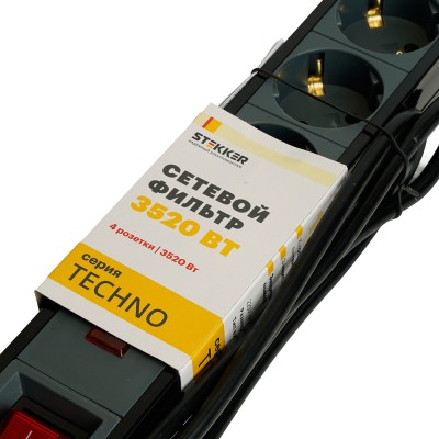 HM22-31-03 Сетевой фильтр 3-местный с/з 3x1мм2, 3 м, 250В, 16А, серия Techno, черный