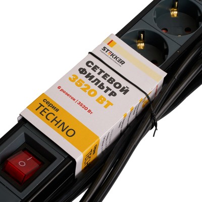 HM22-61-03 Сетевой фильтр 6-местный с/з 3x1мм2, 3 м, 250В, 16А, серия Techno, черный