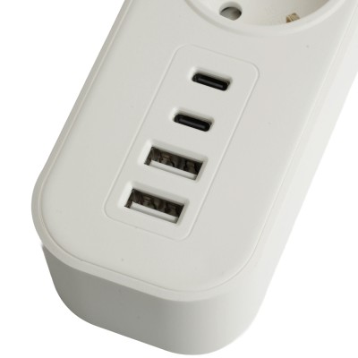 HM21-31-02 Сетевой фильтр 3-местный с/з 3x1мм2, 1,8 м, 250В, 16А, 2 USB-A+2 Type-C,серия Nova, белый