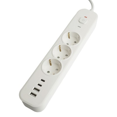 HM21-31-02 Сетевой фильтр 3-местный с/з 3x1мм2, 1,8 м, 250В, 16А, 2 USB-A+2 Type-C,серия Nova, белый