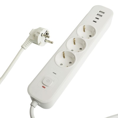 HM21-31-02 Сетевой фильтр 3-местный с/з 3x1мм2, 1,8 м, 250В, 16А, 2 USB-A+2 Type-C,серия Nova, белый