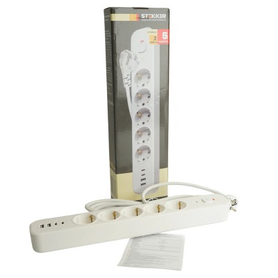 HM21-51-03 Сетевой фильтр 5-местный с/з 3x1мм2, 3 м, 250В, 16А, 2 USB-A+2 Type-C 3,серия Nova, белый