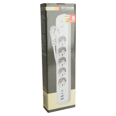 HM21-51-03 Сетевой фильтр 5-местный с/з 3x1мм2, 3 м, 250В, 16А, 2 USB-A+2 Type-C 3,серия Nova, белый