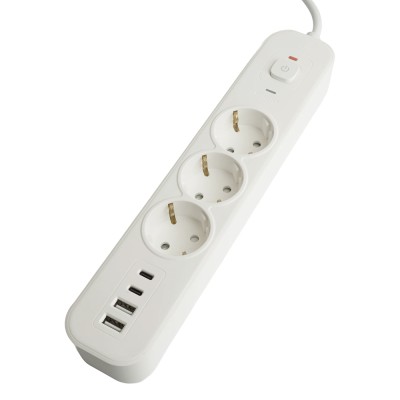 HM21-31-05 Сетевой фильтр 3-местный с/з 3x1мм2, 5 м, 250В, 16А, 2 USB-A+2 Type-C 3,серия Nova, белый