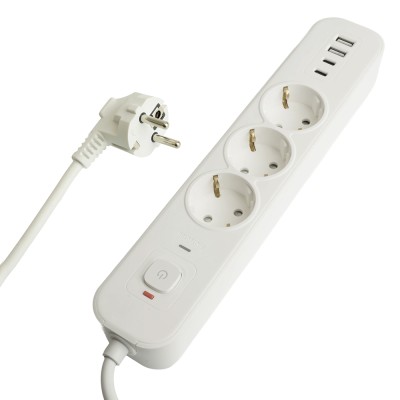 HM21-31-05 Сетевой фильтр 3-местный с/з 3x1мм2, 5 м, 250В, 16А, 2 USB-A+2 Type-C 3,серия Nova, белый