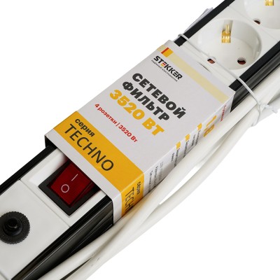 HM22-41-05 Сетевой фильтр 4-местный с/з 3x1мм2, 5 м, 250В, 16А, серия Techno, белый