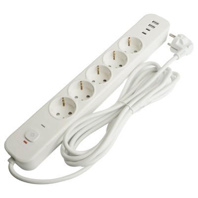 HM21-51-02 Сетевой фильтр 5-местный с/з 3x1мм2, 1,8 м, 250В, 16А, 2 USB-A+2 Type-C,серия Nova, белый