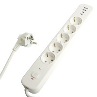 HM21-51-02 Сетевой фильтр 5-местный с/з 3x1мм2, 1,8 м, 250В, 16А, 2 USB-A+2 Type-C,серия Nova, белый