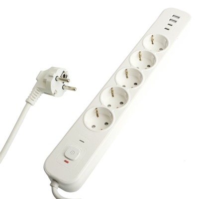 HM21-51-02 Сетевой фильтр 5-местный с/з 3x1мм2, 1,8 м, 250В, 16А, 2 USB-A+2 Type-C,серия Nova, белый