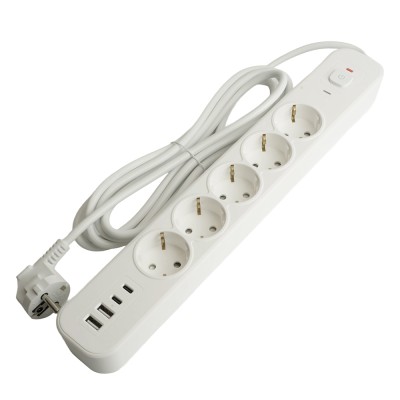 HM21-51-05 Сетевой фильтр 5-местный с/з 3x1мм2, 5 м, 250В, 16А, 2 USB-A+2 Type-C 3,серия Nova, белый