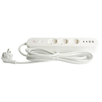 HM21-31-03 Сетевой фильтр 3-местный с/з 3x1мм2, 3 м, 250В, 16А, 2 USB-A+2 Type-C 3,серия Nova, белый