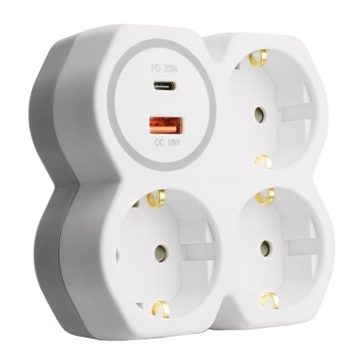 Разветвитель сетевой на 3 выхода с/з, STEKKER, 250В, 16А, USB A+Type C, 2,4А, PD, белый/серый ADP16-17-20 50110