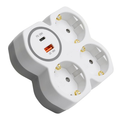 Разветвитель сетевой на 3 выхода с/з, STEKKER, 250В, 16А, USB A+Type C, 2,4А, PD, белый/серый ADP16-17-20 50110