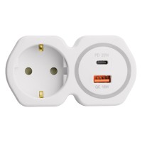 Разветвитель сетевой на 1 выход с/з STEKKER 250В, 16А, USB A+ Type C, 2,4А, PD, белый/серый, ADP16-16-20 50109