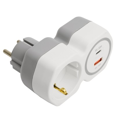 Разветвитель сетевой на 1 выход с/з STEKKER 250В, 16А, USB A+ Type C, 2,4А, PD, белый/серый, ADP16-16-20 50109