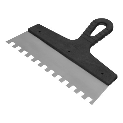 Шпатель из нержавеющей стали, 250 мм, зуб 10 х 10 мм, пластмассовая ручка Сибртех Шпатель из нержавеющей стали, 250 мм, зуб 10 х 10 мм, пластмассовая ручка Сибртех