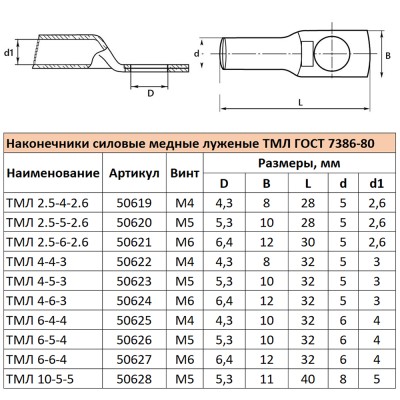 LD-TML-6-6-4 Наконечник медный луженый ТМЛ 6-6-4 ГОСТ 7386-80 (DIY упаковка 5 шт) 55331 LD-TML-6-6-4 Наконечник медный луженый ТМЛ 6-6-4 ГОСТ 7386-80 (DIY упаковка 5 шт) 55331