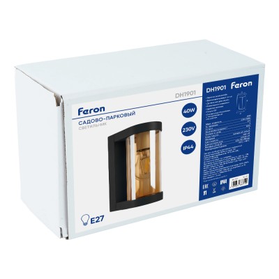 Светильник садово-парковый, серии «Бостон», (НБУ) FERON DH1901 E27, 230V, IP44, цвет черный/янтарный, цилиндр, на стену , 125*92*206мм Светильник садово-парковый, серии «Бостон», (НБУ) FERON DH1901 E27, 230V, IP44, цвет черный/янтарный, цилиндр, на стену , 125*92*206мм