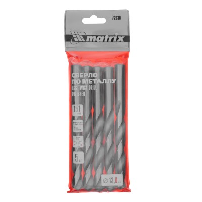 Сверло по металлу, 13 мм, полированное, HSS, 5 шт, цилиндрический хвостовик Matrix