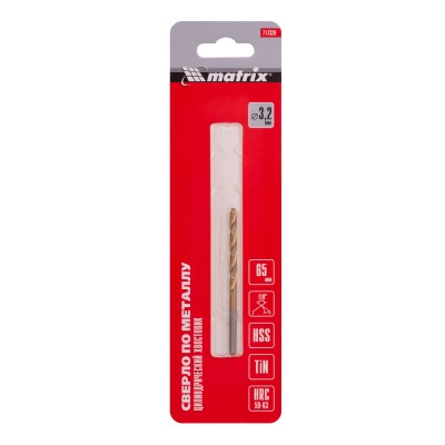 Сверло по металлу, 3.2 мм, HSS, нитридтитановое покрытие, цилиндрический хвостовик Matrix Сверло по металлу, 3.2 мм, HSS, нитридтитановое покрытие, цилиндрический хвостовик Matrix
