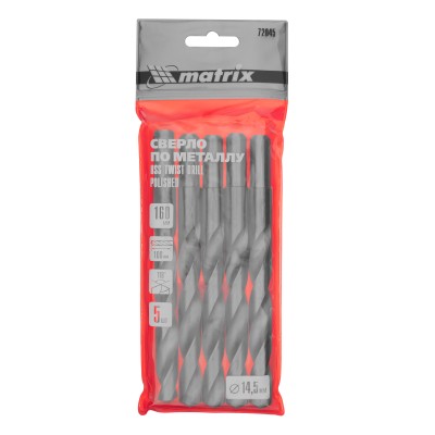 Сверло по металлу, 14.5 мм, полированное, HSS, 5 шт, цилиндрический хвостовик Matrix Сверло по металлу, 14.5 мм, полированное, HSS, 5 шт, цилиндрический хвостовик Matrix