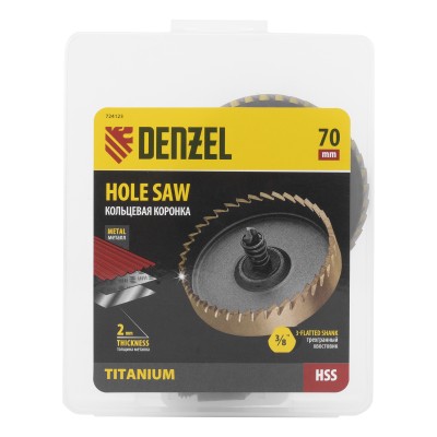 Коронка по металлу HSS, 70 мм, нитридтитановое покрытие Denzel Коронка по металлу HSS, 70 мм, нитридтитановое покрытие Denzel