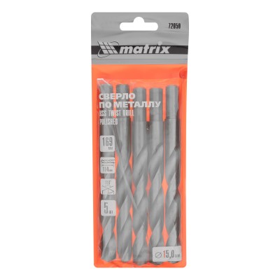 Сверло по металлу, 15 мм, полированное, HSS, 5 шт, цилиндрический хвостовик Matrix