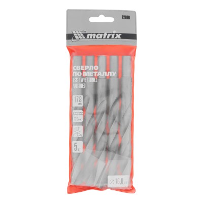 Сверло по металлу, 16 мм, полированное, HSS, 5 шт, цилиндрический хвостовик Matrix