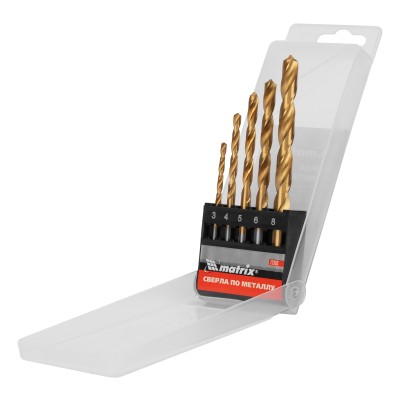 Набор нитридтитановых сверл по металлу, 3-4-5-6-8 мм, HSS, 5 шт, пластиковая коробка, цилиндрический хвостовик Matrix Набор нитридтитановых сверл по металлу, 3-4-5-6-8 мм, HSS, 5 шт, пластиковая коробка, цилиндрический хвостовик Matrix