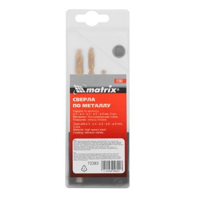 Набор нитридтитановых сверл по металлу, 3-4-5-6-8 мм, HSS, 5 шт, пластиковая коробка, цилиндрический хвостовик Matrix