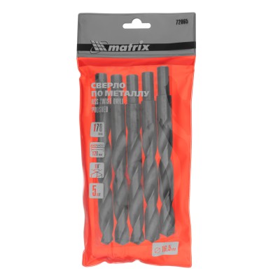 Сверло по металлу, 16.5 мм, полированное, HSS, 5 шт, цилиндрический хвостовик Matrix Сверло по металлу, 16.5 мм, полированное, HSS, 5 шт, цилиндрический хвостовик Matrix