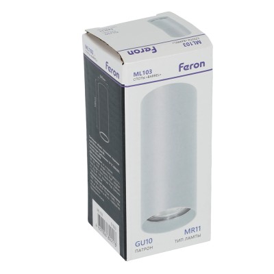 Светильник накладной под лампу, спот (-) FERON ML103, GU10 35W, 230V, IP20, цвет белый, корпус алюминий, 40*40*100