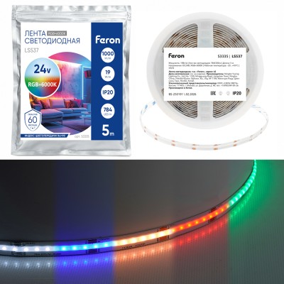 Лента светодиодная 784SMD(2110)/ 19Вт/м 24V 5000*12*2.3мм RGB+6000К, IP20, LS537 FERON