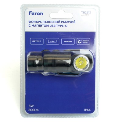 Фонарь с аккумулятором FERON TH2313 фонарь головной , 1LED IP44, аккумулятор 3,7/1000mAh/Li-Ion (литий-ионный), количество режимов 3, время зарядки 2 часа, время работы 4 часа, цвет чёрный, 89*30*28мм