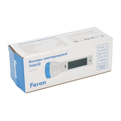 Фонарь с аккумулятором FERON TH2412 переносной , 1LED 5V, IP20, аккумулятор 3,7/1200mAh/Li-Ion (литий-ионный), количество режимов 2, время зарядки 3 часа, время работы 3-4 часа, цвет белый, 160*58*58мм