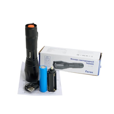 Фонарь с аккумулятором FERON TH2400 переносной , 1LED IP44, аккумулятор 3,7/2000mAh/Li-Ion (литий-ионный), количество режимов 5, время зарядки 2 часа, время работы 5 часов , цвет черный, 145*40*35мм