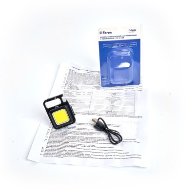 Фонарь с аккумулятором FERON TH2404 фонарь карманный, 1LED IP65, аккумулятор 3,7/500mAh/Li-Ion (литий-ионный), количество режимов 4, время зарядки 1 час, время работы 2 часа, цвет черный, 43*22*60мм