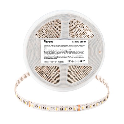 Лента светодиодная 60SMD(5050)/м 14,4Вт/м 24V 5000*12*1.22мм RGB+3000К, IP20, LS507 FERON