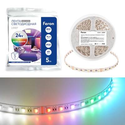 Лента светодиодная 60SMD(5050)/м 14,4Вт/м 24V 5000*12*1.22мм RGB+3000К, IP20, LS507 FERON