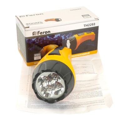 Фонарь аккумуляторный FERON TH2293 переносной , 230V, аккумулятор 4/500mAh/Pb (свинцово-кислотный), количество режимов 1, время зарядки 12-15 часов, время работы 6 часов , цвет желтый, 133*67*67мм