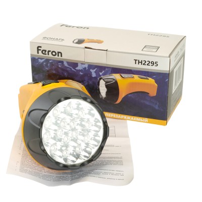 Фонарь аккумуляторный FERON TH2295 переносной , 230V, аккумулятор 4/800mAh/Pb (свинцово-кислотный), количество режимов 1, время зарядки 12-15 часов, время работы 6 часов , цвет желтый, 185*97*100мм