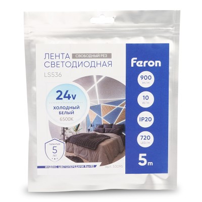 Лента светодиодная 720SMD(2110) 10Вт/м 24V 5000*8*1.8мм IP20 6500К, LS536 FERON СВОБОДНЫЙ РЕЗ
