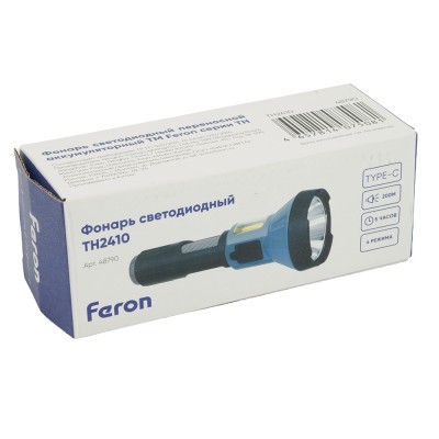 Фонарь с аккумулятором FERON TH2410 переносной , 2LED IP44, аккумулятор 3,7-4,2/1200mAh/Li-Ion (литий-ионный), количество режимов 4, время зарядки 3 часа, время работы 5 часов , цвет серый,черный, 165*65*68мм