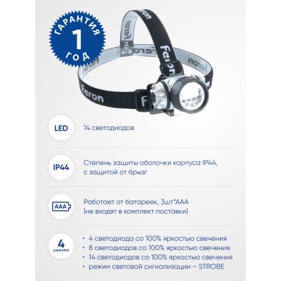 Фонарь на батарейках FERON TH2304 фонарь головной , IP44, , количество режимов 4, время работы 18, цвет серый, 70*55*70мм