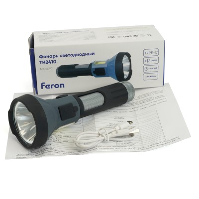 Фонарь с аккумулятором FERON TH2410 переносной , 2LED IP44, аккумулятор 3,7-4,2/1200mAh/Li-Ion (литий-ионный), количество режимов 4, время зарядки 3 часа, время работы 5 часов , цвет серый,черный, 165*65*68мм
