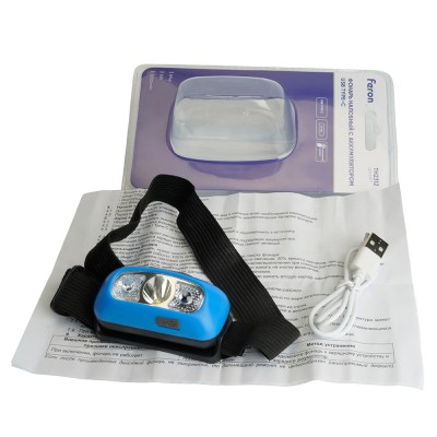 Фонарь с аккумулятором FERON TH2312 фонарь головной , 1LED IP44, аккумулятор 3,7/800mAh/Li-Ion (литий-ионный), количество режимов 5, время зарядки 2 часа, время работы 4 часа, цвет синий, 70*36*33мм