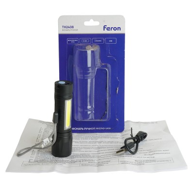 Фонарь с аккумулятором FERON TH2408 переносной , 1LED IP44, аккумулятор 3,7/800mAh/Li-Ion (литий-ионный), количество режимов 3, время зарядки 2 часа, время работы 2 часа, цвет чёрный, 93*93*25мм