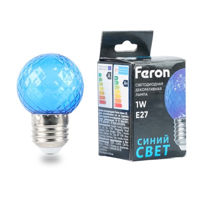 Лампа светодиодная FERON LB-385, G45 (шар), 1W 230V E27 (синий), рассеиватель прозрачный синий, угол рассеивания 270°, корпус пластик, 68*45мм