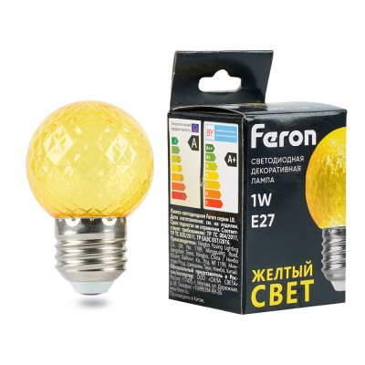 Лампа светодиодная FERON LB-385, G45 (шар), 1W 230V E27 (желтый), рассеиватель прозрачный желтый, угол рассеивания 270°, корпус пластик, 68*45мм