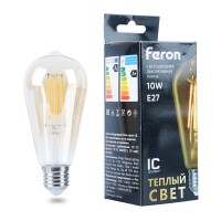 Лампа светодиодная филамент FERON LB-64, ST64 (декор. колба), 10W 175-265V E27 2700К (белый теплый), рассеиватель прозрачный золотой, 1200Lm, угол рассеивания 270°, корпус стекло, 143*64мм